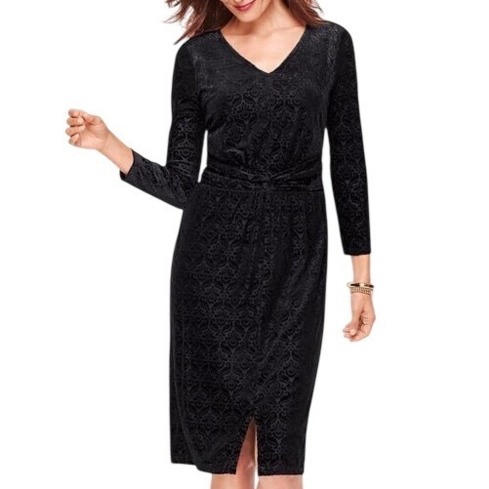 NWT Talbots Womens Velvet Jacquard Damask V-Neck Sheath Dress Black Size Large